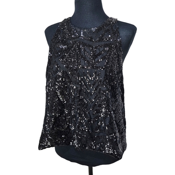 Everly Sequined Top Sz Large Black Jazz Sparkle New Years Cocktails Halter Glam - Picture 4 of 16